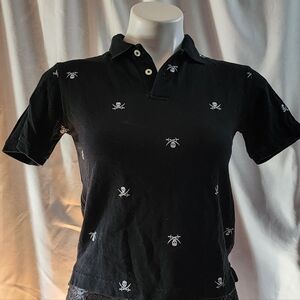 Cherokee, Black Polo Shirt with White Jolly Roger Pattern, Size Small